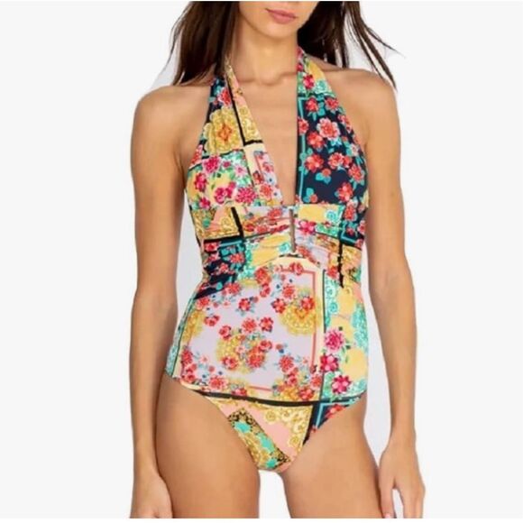 NWT- JOHNNY WAS JAPER PLUNGE ONE PIECE SWIMSUIT-SIZE SMALL- COLORFUL PATCHWORK P - Picture 9 of 16